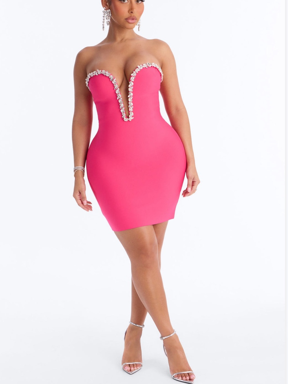 Fashion Nova Hot Pink Strapless Bodycon Dress with Rhinestone Plunge